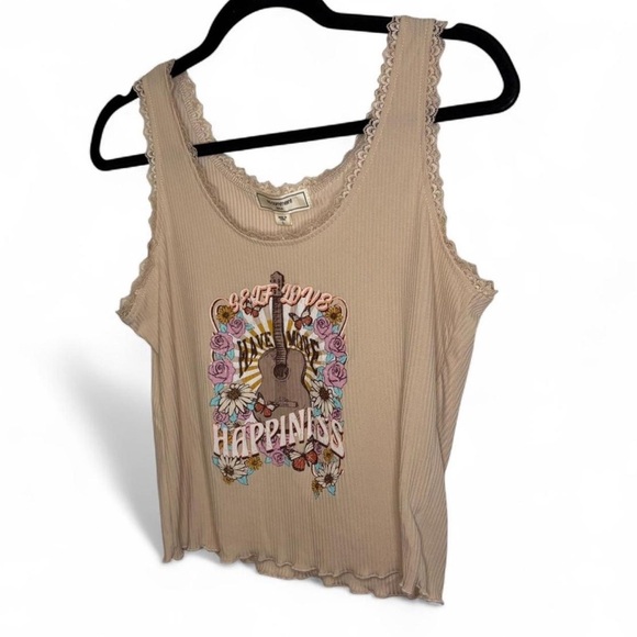 Tan Lace Trim Tank Top Boho 70s Graphic Peace Love Happiness Size Large - Picture 2 of 4